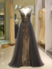 Robes de soirée grises de luxe lourdes perles tulle dos nu col V formelle robe de soirée avec train