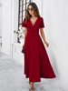 Robes De Soirée Longue Fendue Robe Semi-Formelle Bordeaux À Col En V Manches Courtes