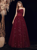 Robes de Soirée Longues en Mousselines Femmes avec Bretelles à Col Carré Décors avec Noeud Coupe Cintrée Bas Evasée Unicolore Robes de Princesse Bordeaux