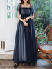 Robes de Soirée Longues en Mousselines Femmes avec Manches Courtes Amples à Col Carré Volant Coupe Cintrée Bas Evasée Robes de Princesses Unicolore Bleu