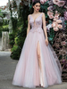 Robes de Soirée Longues en Mousselines Femmes Cousu en Dentelles Florals avec Bretelles à Col Décolleté en V Coupe Cintrée Bas Evasée Unicolore avec Dos Nu Fente Latérale Robe de Soirée Princesse