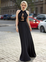 Robes de Soirée Longues en Mousselines Femmes Transparentes à Col Décolleté Creusantes Florals Coupe Cintrée Bas Evasée Unicolore avec Dos Nu Robe de Soirée Princesse