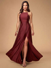 Robes de Soirée Longues en Satin Femmes avec Bretelles à Col Carré avec Dos Nu à Lacets Croisés Coupe Cintrée Bas Evasée Unicolore Bordeaux