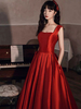 Robes de Soirée Longues en Satin Femmes avec Bretelles à Col Carré Coupe Cintrée Bas Evasée Unicolore Robes de Princesse Bordeaux