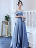 Robes de Soirée Longues en Satin Femmes avec Epaules Dénudées Décors avec Noeud avec Dos Nu Coupe Cintrée Bas Evasée Unicolore Robes de Princesse Bleu