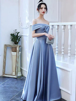 Robes de Soirée Longues en Satin Femmes avec Epaules Dénudées Décors avec Noeud avec Dos Nu Coupe Cintrée Bas Evasée Unicolore Robes de Princesse Bleu