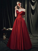 Robes de Soirée Longues en Satin Femmes avec Epaulés Dénudées Coupe Cintrée Bas Evasée Unicolore Robes de Soirée Princesse Bordeaux