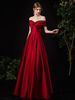 Robes de Soirée Longues en Satin Femmes avec Epaulés Dénudées Coupe Cintrée Bas Evasée Unicolore Robes de Soirée Princesse Bordeaux