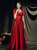 Robes de Soirée Longues en Satin Femmes avec Manches Courtes Amples à Col Carré avec Dos Nu Coupe Cintrée Décors avec Noeud Bas Evasée Unicolore Robes de Princesse Bordeaux