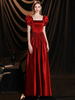 Robes de Soirée Longues en Satin Femmes avec Manches Courtes Amples à Col Carré Coupe Cintrée Bas Evasée Unicolore Robes de Princesse Bordeaux