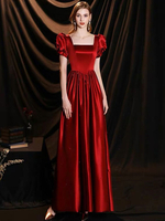 Robes de Soirée Longues en Satin Femmes avec Manches Courtes Amples à Col Carré Coupe Cintrée Bas Evasée Unicolore Robes de Princesse Bordeaux