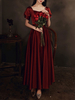 Robes de Soirée Longues en Satin Femmes avec Manches Courtes Amples à Col Carré Volant Coupe Cintrée Bas Evasée Robes de Princesses Unicolore Bordeaux