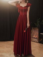 Robes de Soirée Longues en Satin Femmes avec Manches Courtes Volantes à Col U Coupe Cintrée Bas Evasée Décors avec Boutons Unicolore Bordeaux