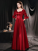 Robes de Soirée Longues en Satin Femmes avec Manches Mi-longues Amples à Col Carré avec Dos Nu à Lacets Coupe Cintrée Bas Evasée Unicolore Robes de Princesse Bordeaux