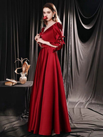 Robes de Soirée Longues en Satin Femmes avec Manches Mi-longues Amples Volantes à Col Carré avec Dos Nu à Lacets Coupe Cintrée Bas Evasée Unicolore Robes de Princesse Bordeaux