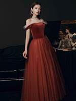 Robes de Soirée Longues en Velours Cousu en Mousselines Femmes avec Epaules Dénudées avec Dentelles Volants avec Dos Nu Coupe Cintrée Bas Evasée Unicolore Robes de Princesse Bordeaux