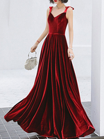 Robes de Soirée Longues en Velours Femmes avec Bretelles à Lacets à Col Décolleté en V Coupe Cintrée Bas Evasée Unicolore Robes de Princesses Bordeaux