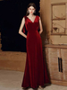 Robes de Soirée Longues en Velours Femmes avec Bretelles à Lacets à Col Décolleté en V Cousu en Dentelles avec Dos Nu Coupe Cintrée Bas Evasée Unicolore Bordeaux