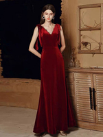 Robes de Soirée Longues en Velours Femmes avec Bretelles à Lacets à Col Décolleté en V Cousu en Dentelles avec Dos Nu Coupe Cintrée Bas Evasée Unicolore Bordeaux
