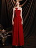 Robes de Soirée Longues en Velours Femmes avec Epaules Dénudées Décors avec Noeud avec Dos Nu Coupe Cintrée Bas Evasée Unicolore Robes de Princesse Bordeaux