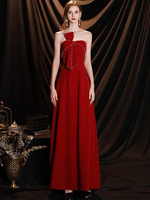 Robes de Soirée Longues en Velours Femmes avec Epaules Dénudées Décors avec Noeud avec Dos Nu Coupe Cintrée Bas Evasée Unicolore Robes de Princesse Bordeaux