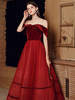 Robes de Soirée Longues en Velours Femmes avec Epaules Dénudées Décors Imprimés les Rayures avec Dos Nu Coupe Cintrée Bas Evasée Unicolore Robes de Princesse Bordeaux