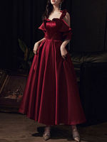 Robes de Soirée Longues Femmes avec Bretelles avec Volants à Col Carré Coupe Cintrée Bas Evasée Unicolore Robes de Princesses Bordeaux