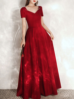 Robes de Soirée Longues Femmes avec Manches Courtes à Col V Coupe Cintrée Cousu en Perles Bas Evasée Unicolore Bordeaux