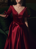 Robes de Soirée Longues Femmes avec Manches Courtes Amples Décors avec Noeud à Col V Coupe Cintrée Bas Evasée Unicolore Robes de Princesses Bordeaux