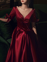 Robes de Soirée Longues Femmes avec Manches Courtes Amples Décors avec Noeud à Col V Coupe Cintrée Bas Evasée Unicolore Robes de Princesses Bordeaux