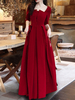Robes de Soirée Longues Femmes avec Manches Mi-longues à Col Carré Coupe Cintrée Bas Evasée Unicolore Bordeaux