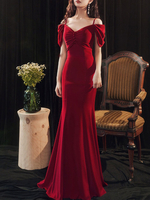 Robes de Soirée Longues Femmes Sirènes avec Manches Courtes avec Bretelles à Col V Coupe Cintrée Unicolore Bordeaux