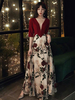 Robes de Soirée Longues Imprimés Femmes à Col Décolleté en V avec Manches Mi-longues Coupe Cintrée Bas Evasée Bicolores