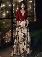 Robes de Soirée Longues Imprimés Femmes à Col Décolleté en V avec Manches Mi-longues Coupe Cintrée Bas Evasée Bicolores