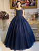 Robes de soirée Luxe en tulle avec rivet princesse col rond et doublure sans manches longueur plancher lacets de dentelle