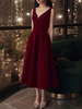 Robes de Soirée Mi-longues Femmes avec Bretelles à Col V Coupe Cintrée Bas Evasée Unicolore Bordeaux