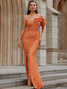 Robes De Soirée Moulante Fendue Robe Semi-formelle Plissée À Une Épaule Rouge Orange À Manches Courtes