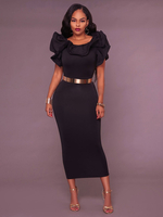 Robes de soirée noir col bijou volants manches courtes robe semi-formelle haute conception basse