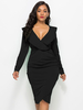 Robes de soirée noir col en v plissé manches longues haute basse conception moulante robe semi-formelle