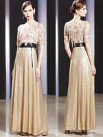 Robes de soirée paillettes champagne ceinture manches courtes étage longueur robes de soirée
