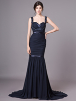 Robes de soirée robe de bal bleu marine foncée appliques perlées découpe robes de soirée froncées avec train