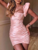 Robes de soirée Robe mi-longue semi-formelle plissée à manches courtes et encolure carrée rose