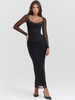 Robes De Soirée Robe Noire Plissée À Manches Longues Transparentes Col En Cœur