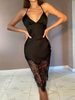 Robes de soirée Robe noire semi-formelle asymétrique sans manches en dentelle à col en V