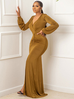 Robes de soirée Robe semi-formelle à manches longues plissée à col en V