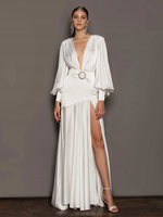 Robes De Soirée Robe Semi-formelle Blanche À Col En V Manches Longues À Fente Haute