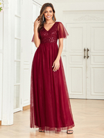 Robes De Soirée Robe Semi-Formelle Bordeaux En Dentelle À Col En V Manches Courtes