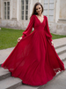 Robes De Soirée Robe Semi-Formelle Bordeaux Plissée À Col En V Manches Longues