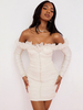 Robes de soirée Robe semi-formelle mi-longue plissée sans bretelles blanche à manches longues