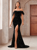 Robes de soirée Robe semi-formelle noire à col bateau fendue sur le devant sans manches à fente haute